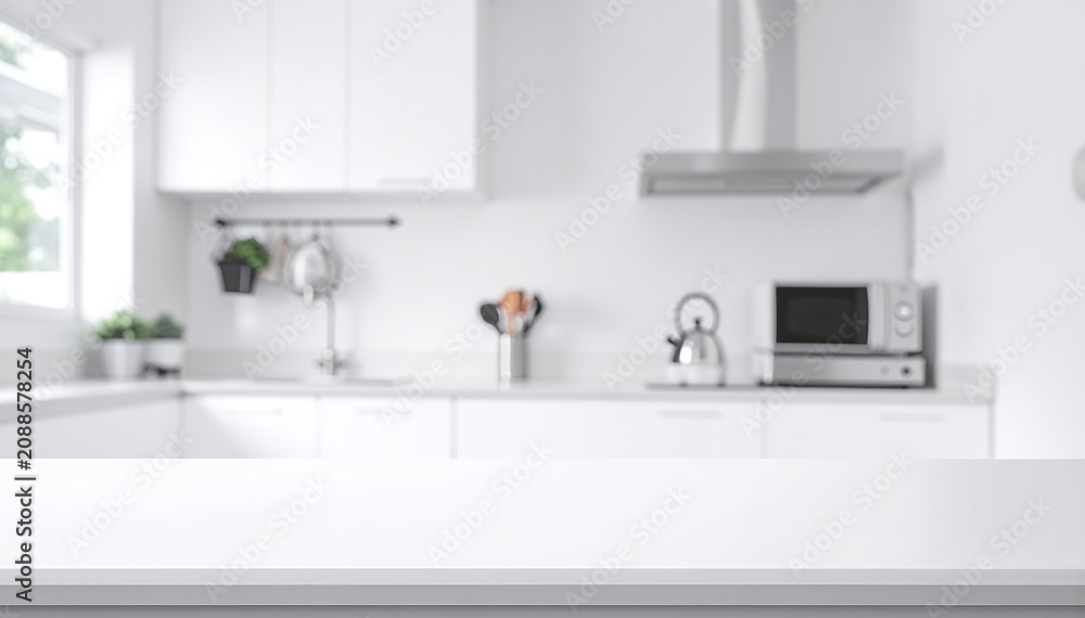 Fototapeta premium a white kitchen with a white counter top
