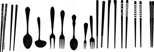 Foto Kitchen Cutlery and Utensil Silhouette Icon Collection Featuring Chopsticks Spoo
