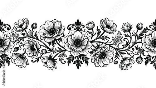 Foto Seamless floral border pattern with hand drawn anemone flowers in a vintage blac
