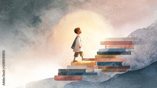 Young Student Climbing Book Stairs in Dreamlike Setting