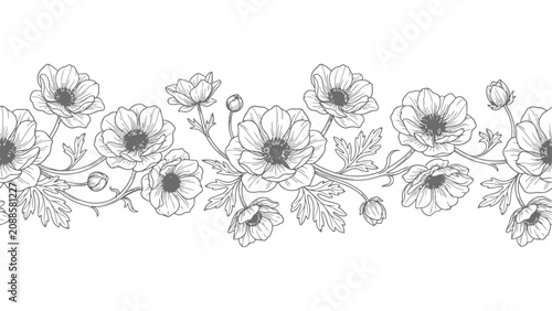 Bild auf Leinwand Hand drawn floral border pattern with blooming anemone flowers in a minimalist e