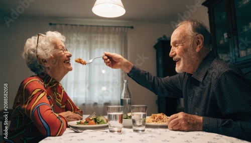 An elderly couple joyfully sharing a meal at a cozy dining table, with the man playfully feeding the woman, surrounded by warm, homey ambiance.