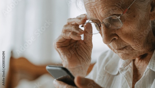 Elderly woman wearing glasses struggles to read the screen of a smartphone, highlighting difficulty with technology and vision challenges.