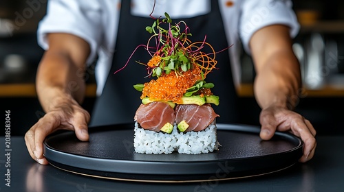 Chef presents elaborate sushi roll tower. Layers of tuna, avocado, roe, microgreens. Garnished creation held on black plate