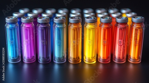 Colorful energy cell vials on dark surface; futuristic power source; product shot
