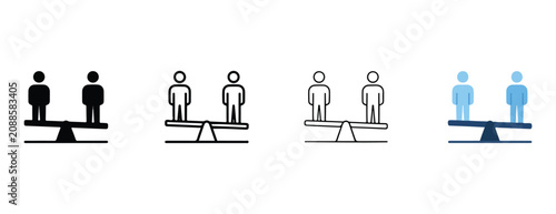 Seesaw balance icons with people in different colors on white background