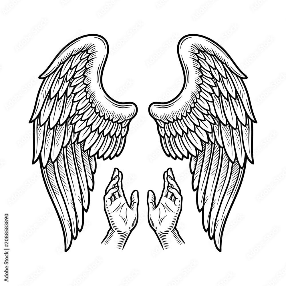 Obraz premium Pair of feathered wings above open human hands.