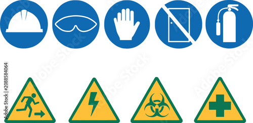 Photos Industrial safety icons and hazard warning signs set with mandatory PPE symbols