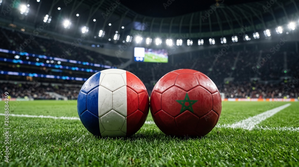 Obraz premium France vs Morocco Soccer Match Concept – Two Footballs Painted with National Flags on Green Grass in a Stadium Under Lights