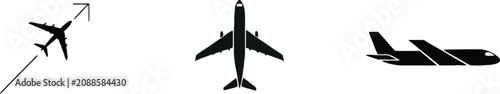 Airplane silhouettes set with passenger jet top view side profile and takeoff flight direction arrow vector icons