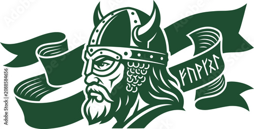 Tableau sur toile Viking warrior head in helmet logo with runic banner vector graphic