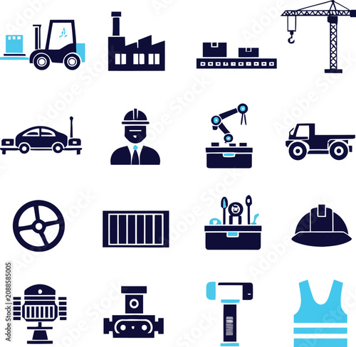 Industrial Manufacturing and Heavy Construction Vector Icons Set with Forklift Factory Building Conveyor Belt Crane Robotic Arm Assembly Line Hard Hat Safety Vest and Tools Graphic Elements