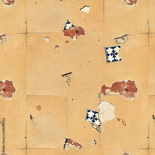 Seamless sun-faded stucco pattern with embedded ceramic tile fragments