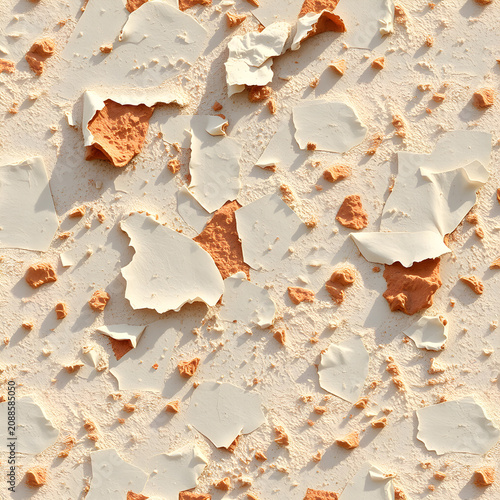Photoreal repeating texture of peeling limewash and terracotta mosaic chips
