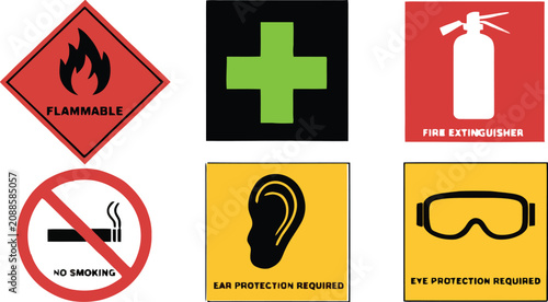 Workplace safety signs and hazard warning symbols set with flammable gas fire extinguisher first aid and mandatory ppe compliance labels