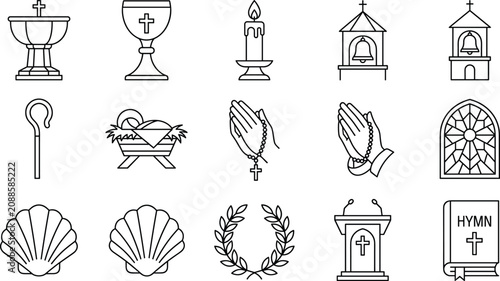 Tableau sur toile Christian Church Worship Symbols Outline Vector Collection with Sacred Religious