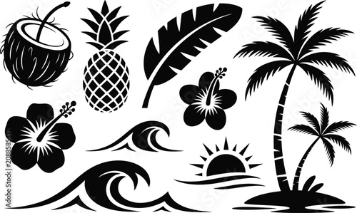 Set of tropical vacation icons and summer beach design elements in silhouette with tropical silhouette vacation pineapple hibiscus collection isolated paradise recreation adventure
