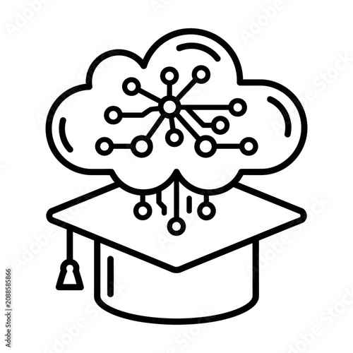 Digital cloud computing education concept with graduation cap icon