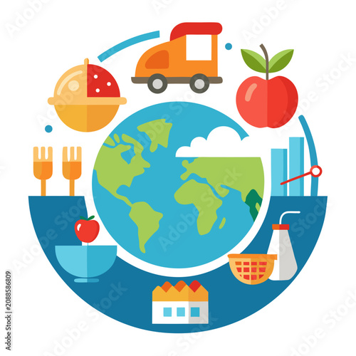 Globe with Food and Transportation Icons Illustrating Global Food Production and Supply Chain Featuring Apple, Truck, Delivery