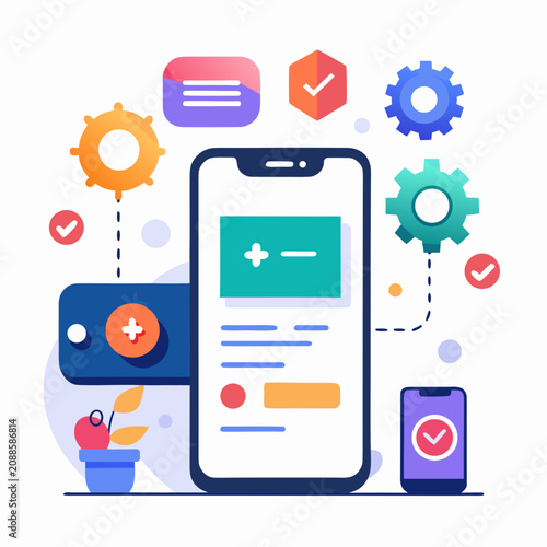 Mobile App Development Process with Ui/Ux Elements and Icons on White Background Featuring Ui, Ux, Design with Interface