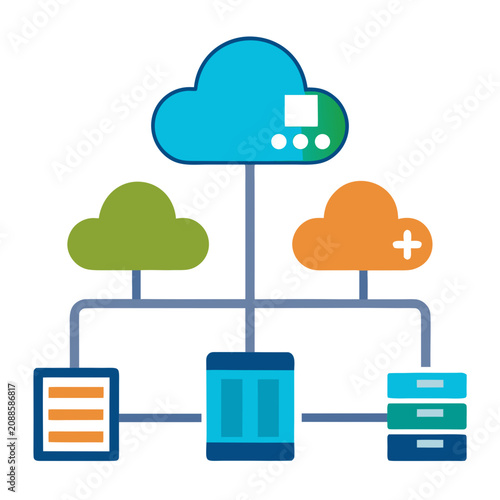 Cloud Computing Architecture with Interconnected Servers and Databases on a White Background Featuring Server, Database, Network