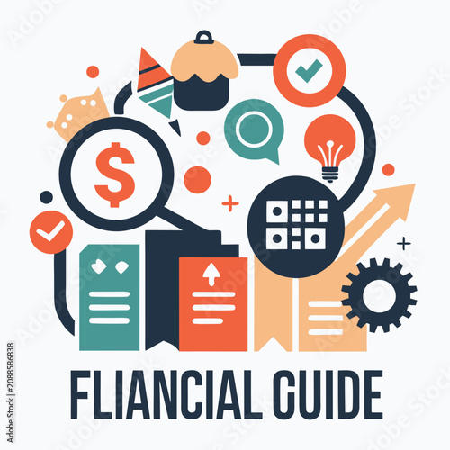 Financial Guide Illustration with Magnifying Glass, Books, and Financial Symbols Featuring Money, Dollar, Sign with Check
