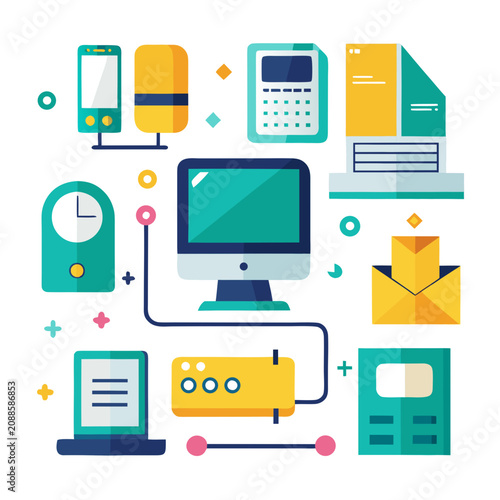 Computers and Technology Devices Connected in a Network Illustration Featuring Computer, Digital, Modern with Tech and Gadgets