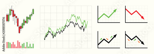 Financial stock market graph and charts icon set isolated, candlestick and line growth up and down trends vector illustration, EPS10