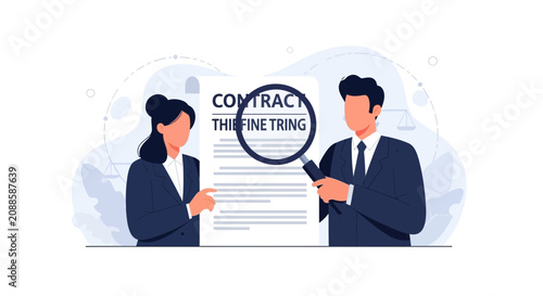 Businesspeople examining a contract document with a magnifying glass, symbolizing legal review, analysis, and attention to detail in business agreements.