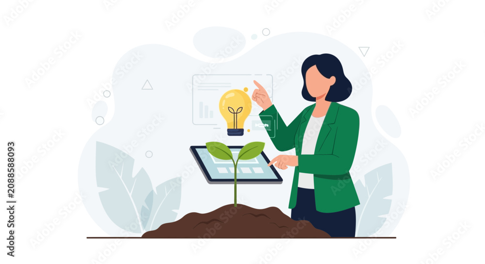 Fototapeta premium Businesswoman with Growing Plant and Lightbulb Idea on Tablet, symbolizing innovation, startup, and growth