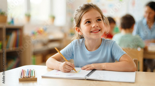 Young girl smiling while writing in a notebook in classroom  