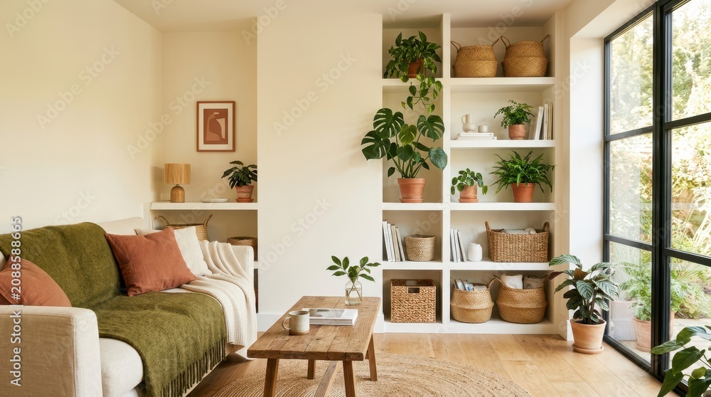 Fototapeta premium Cozy living room with natural light, plants, and comfortable seating