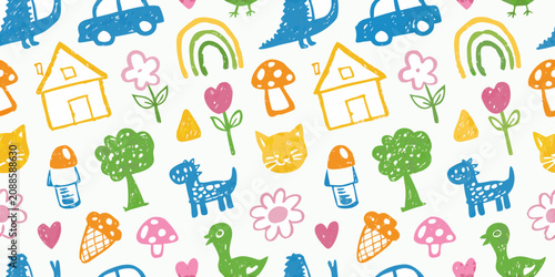 Children s Drawing Pattern With Houses Animals And Rainbows
