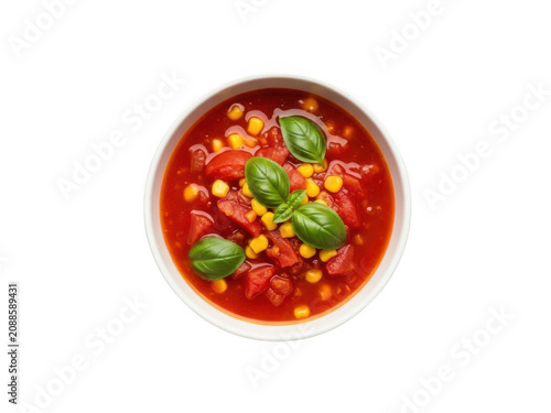 Bowl of tomato soup with corn and basil isolated on transparent background