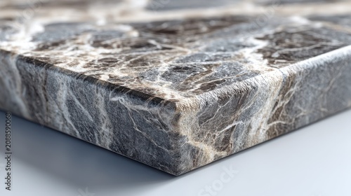 Gray marble slab angled perspective showcasing premium polished texture with elegant white veining for luxury surface and countertop applications. Professional lighting with sharp detail.