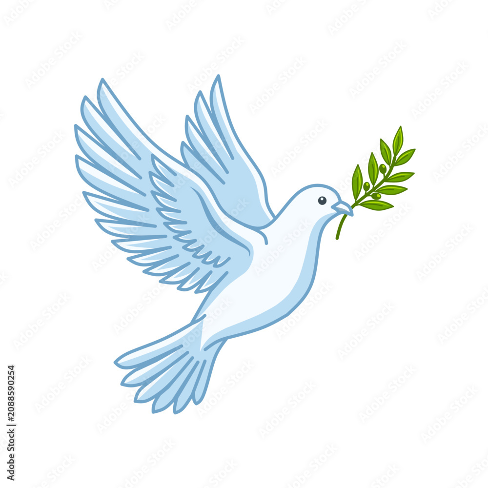 Fototapeta premium White peace dove flying with olive branch vector illustration, international world peace day concept.