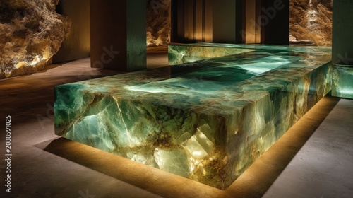 Luxury onyx material showcased in a stunning architectural design, featuring a backlit green stone slab with intricate natural veining and ambient lighting.