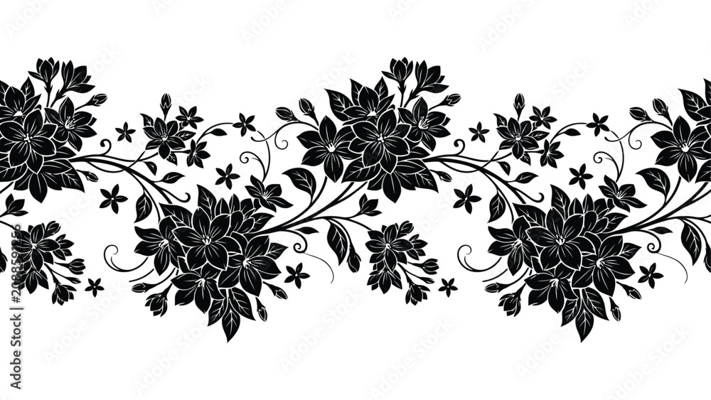 Fototapeta premium Seamless floral border pattern with black silhouette flowers on a white background elegant style