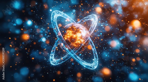 Atomic orbital structures visualization with glowing electron shells orbiting luminous nucleus in blue and orange quantum mechanics abstract with particle effects