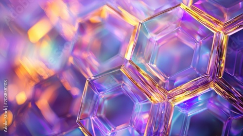 Quantum field configurations translucent hexagonal structures with iridescent rainbow refractions purple cyan golden light crystalline molecular lattice macro