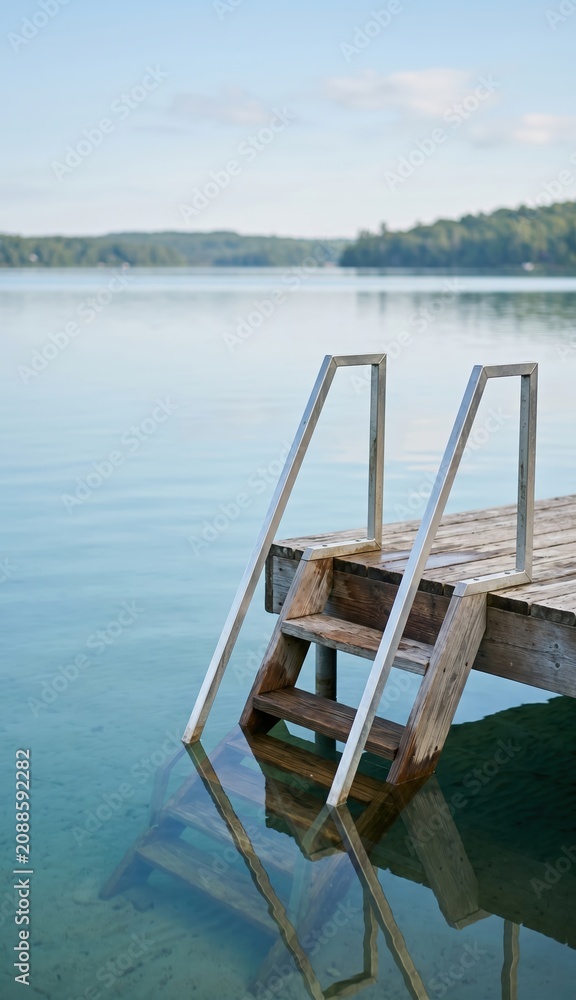 Fototapeta premium Dock ladder descending into calm lake water