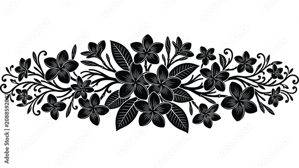Fototapeta premium Decorative floral border pattern featuring black silhouette flowers and leaves on a white background