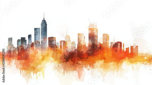 Colorful city skyline with abstract watercolor effect, showcasing tall buildings and vibrant hues of orange and blue, creating dynamic atmosphere