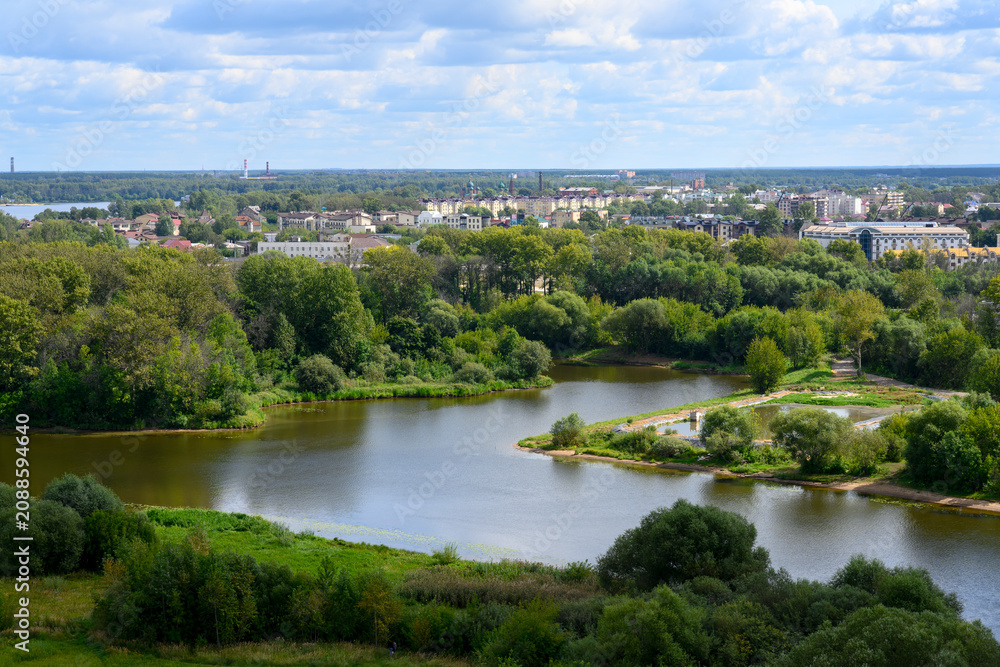 Fototapeta premium Aerial view of the backwaters and bends of the Kotorosl River in the vicinity of Yaroslavl, Russia