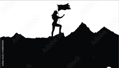Woman silhouette stands triumphantly on a rugged mountain peak while holding a waving flag to represent achievement, leadership, determination, and the successful completion of a difficult goal.