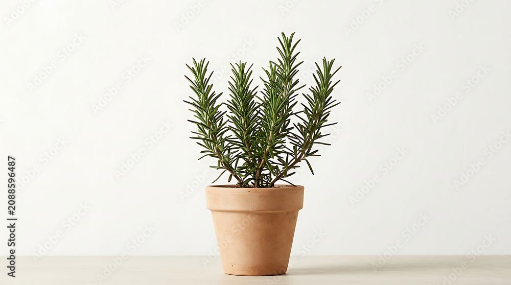 Fototapeta premium Fresh green rosemary herb plant growing in a small terracotta clay pot on a plain white background