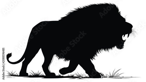 Lion silhouette stands in a powerful roaring pose while walking across a flat surface to represent strength and dominance in the wild kingdom of nature for various artistic and design projects.