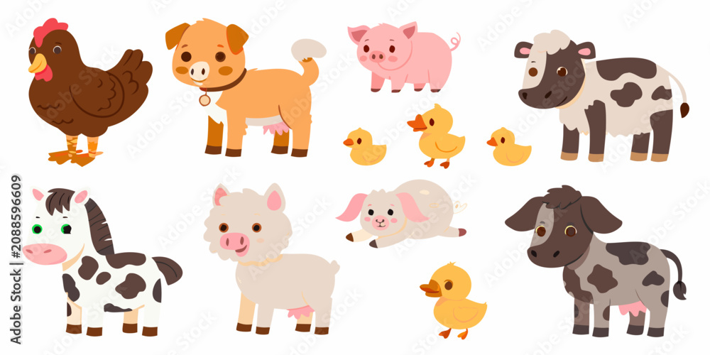 Fototapeta premium Cartoon Farm Animals And Pets Collection Colorful Vector Illustration