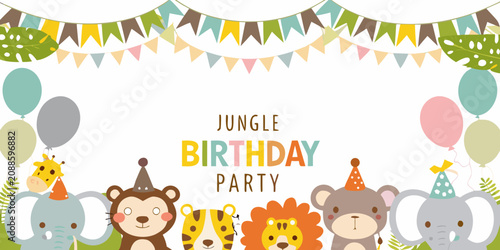 Photography Jungle Birthday Party Illustration With Animal Characters And Balloons