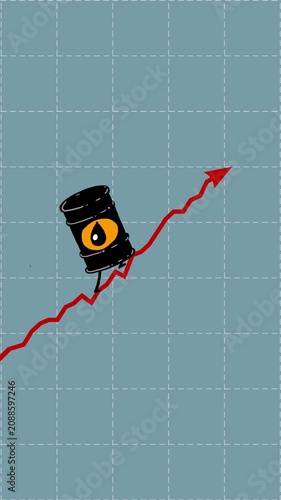 Barrel of oil equivalent rate still goes up vertical seamless loop. Walking up petroleum fuel symbol animation. Cartoon character animated rising fast funny business animation background diagram.